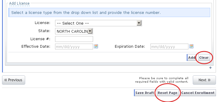 Clear/Reset Page Buttons